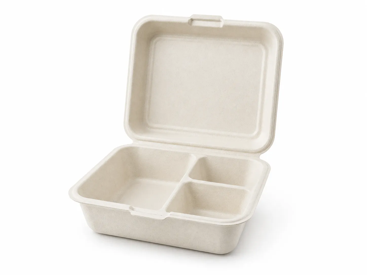 White three-compartment bagasse meal clamshell box