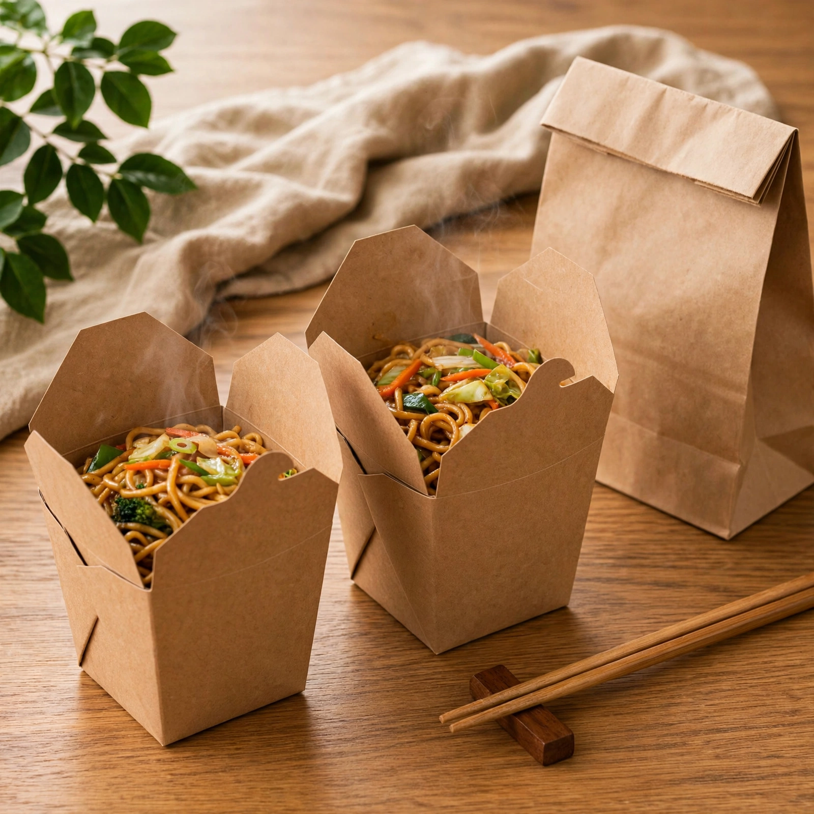 Kraft paper noodle boxes packed with a delivery bag