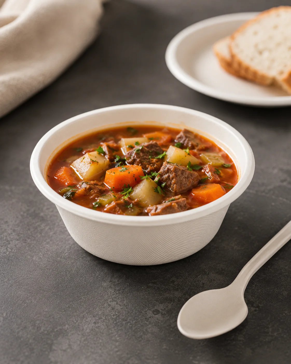 Deep bagasse soup bowl filled with hot stew