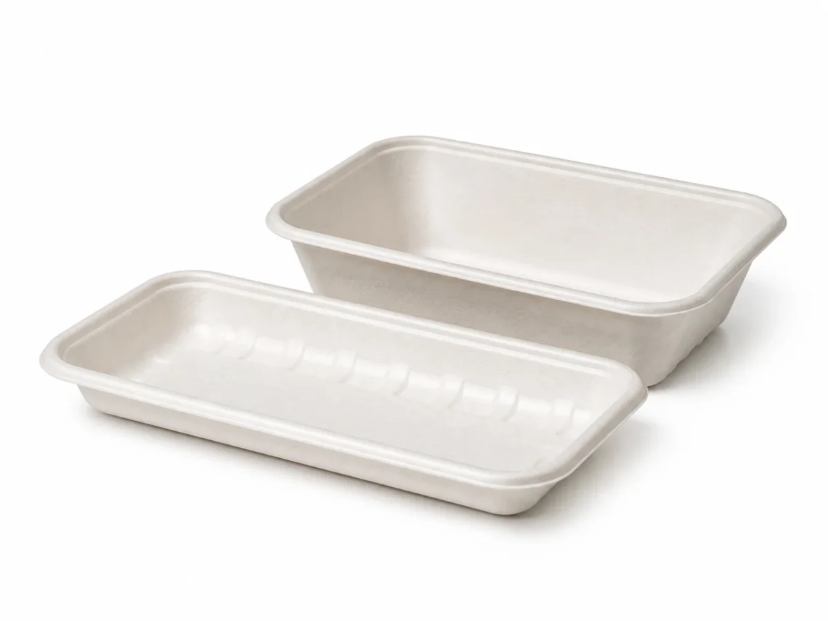 Shallow and deep compostable bagasse meat trays on white background