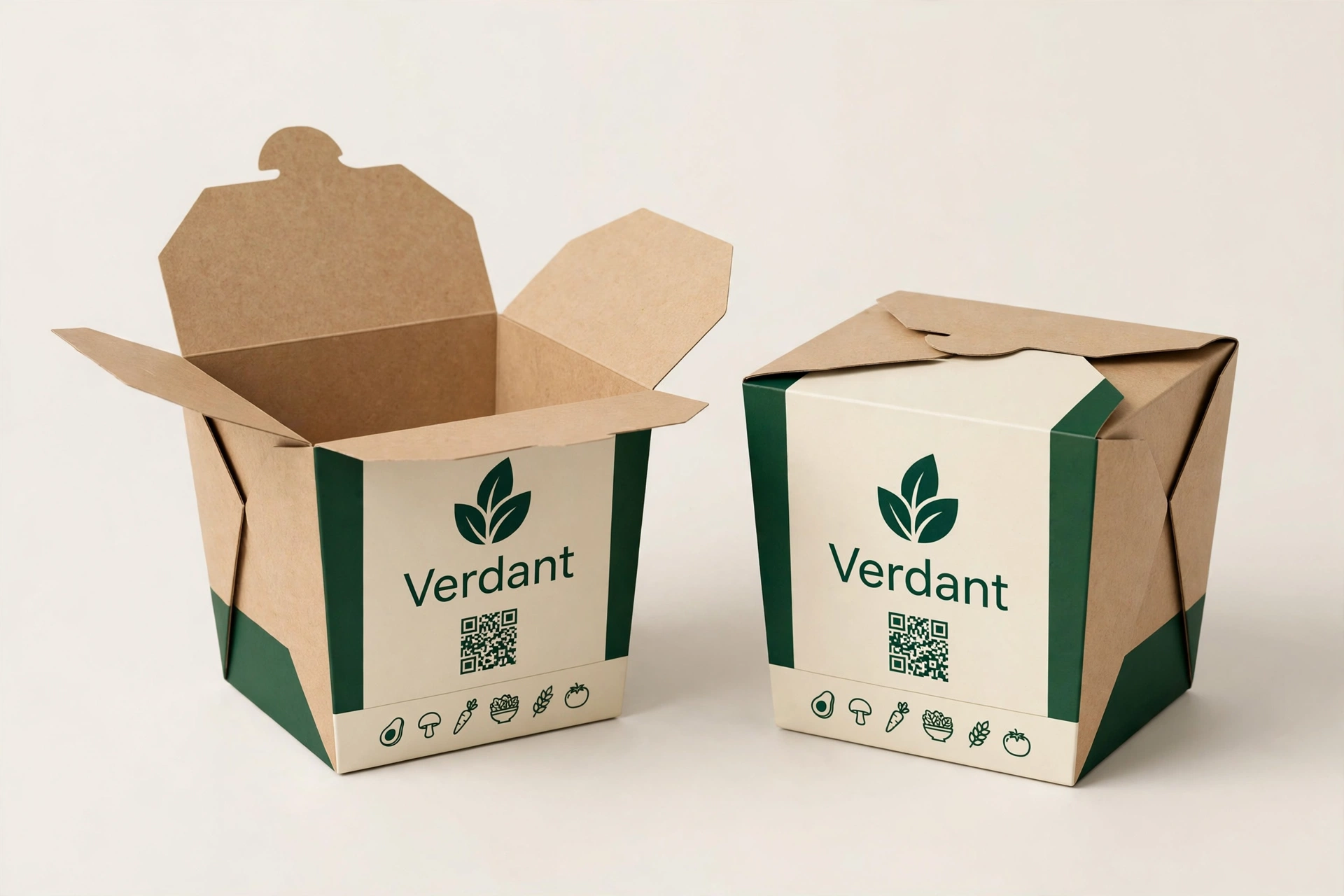 Custom printed takeout boxes with brand logo, QR code and food icons