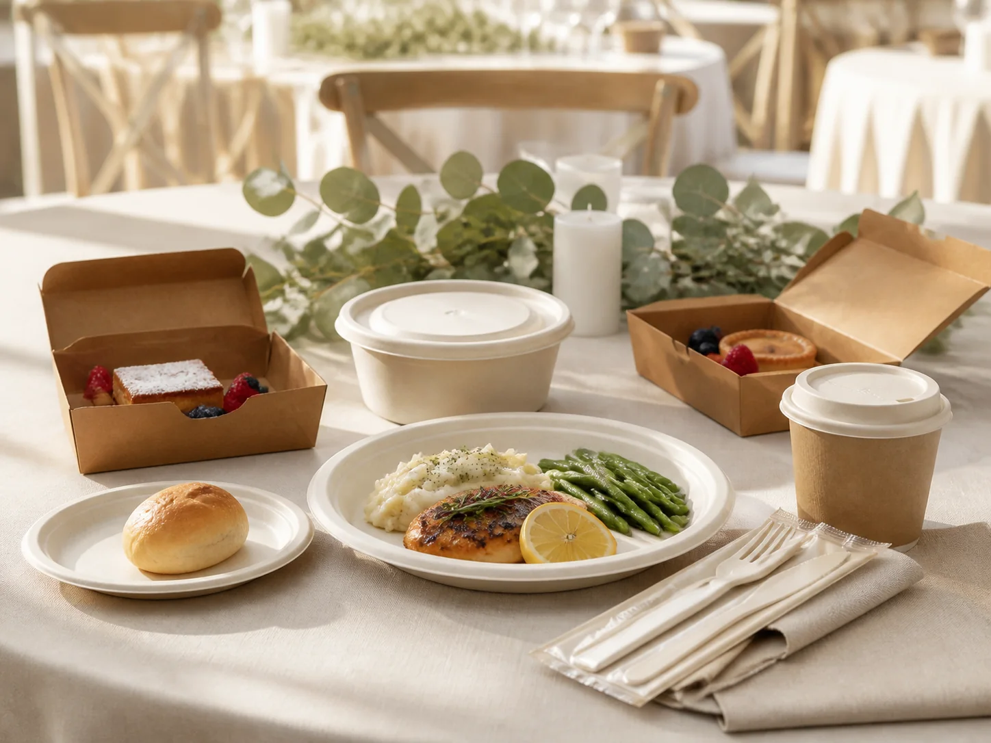 Bagasse plates, bowls, paper cups, dessert trays and wrapped cutlery arranged for a banquet