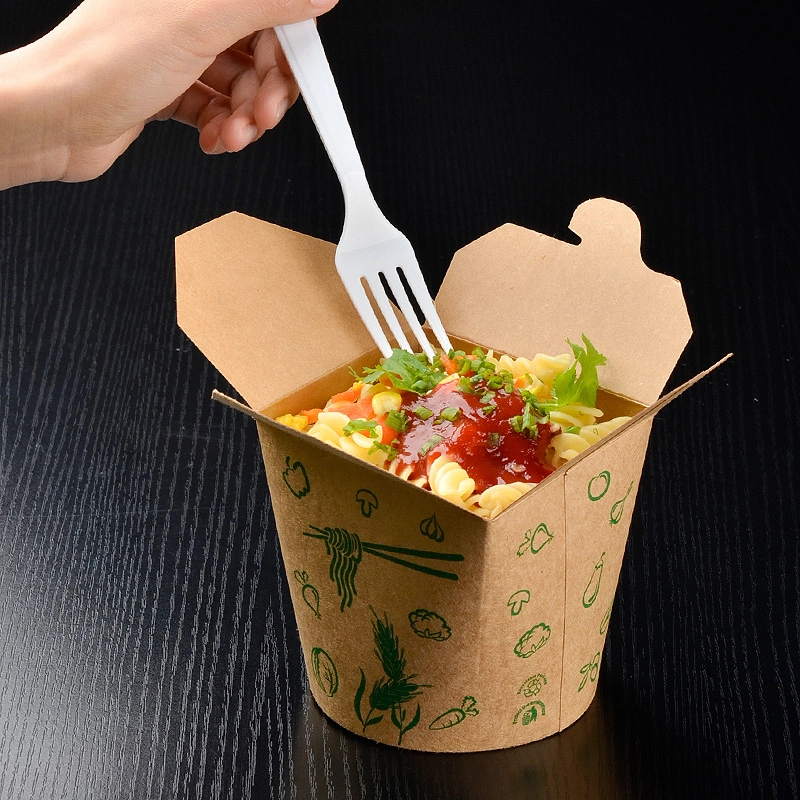Kraft square-bottom noodle box with pasta, eaten with a fork