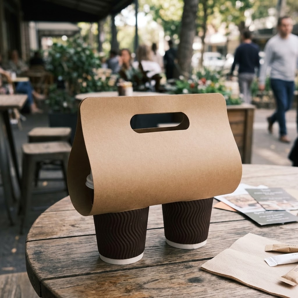 Flat-packed four-cup folding drink carrier for high-volume takeaway