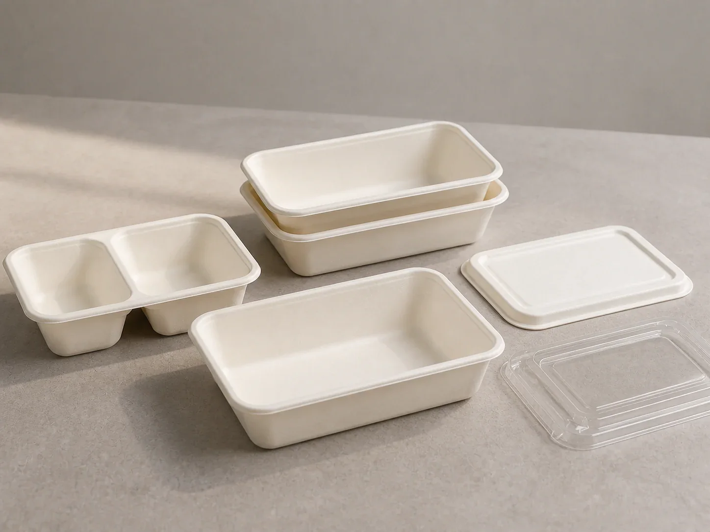 Standard rectangular bagasse meal containers with matching pulp and clear lids