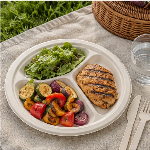 Compartment bagasse plate serving grilled chicken vegetables and salad