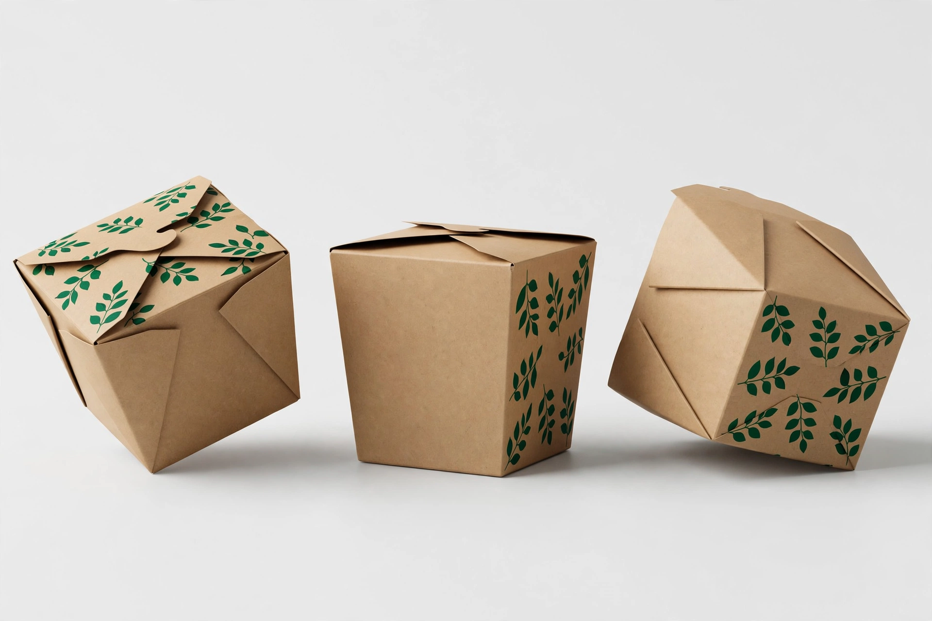 Kraft takeout boxes showing print on lid top, side panel and base