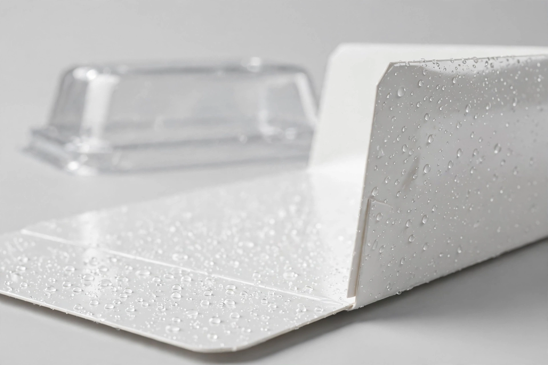 Water beading on the coated surface of a paper sushi box