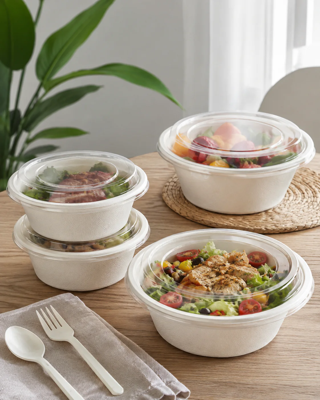 Round sugarcane bagasse bowls with clear lids for salads and prepared meals
