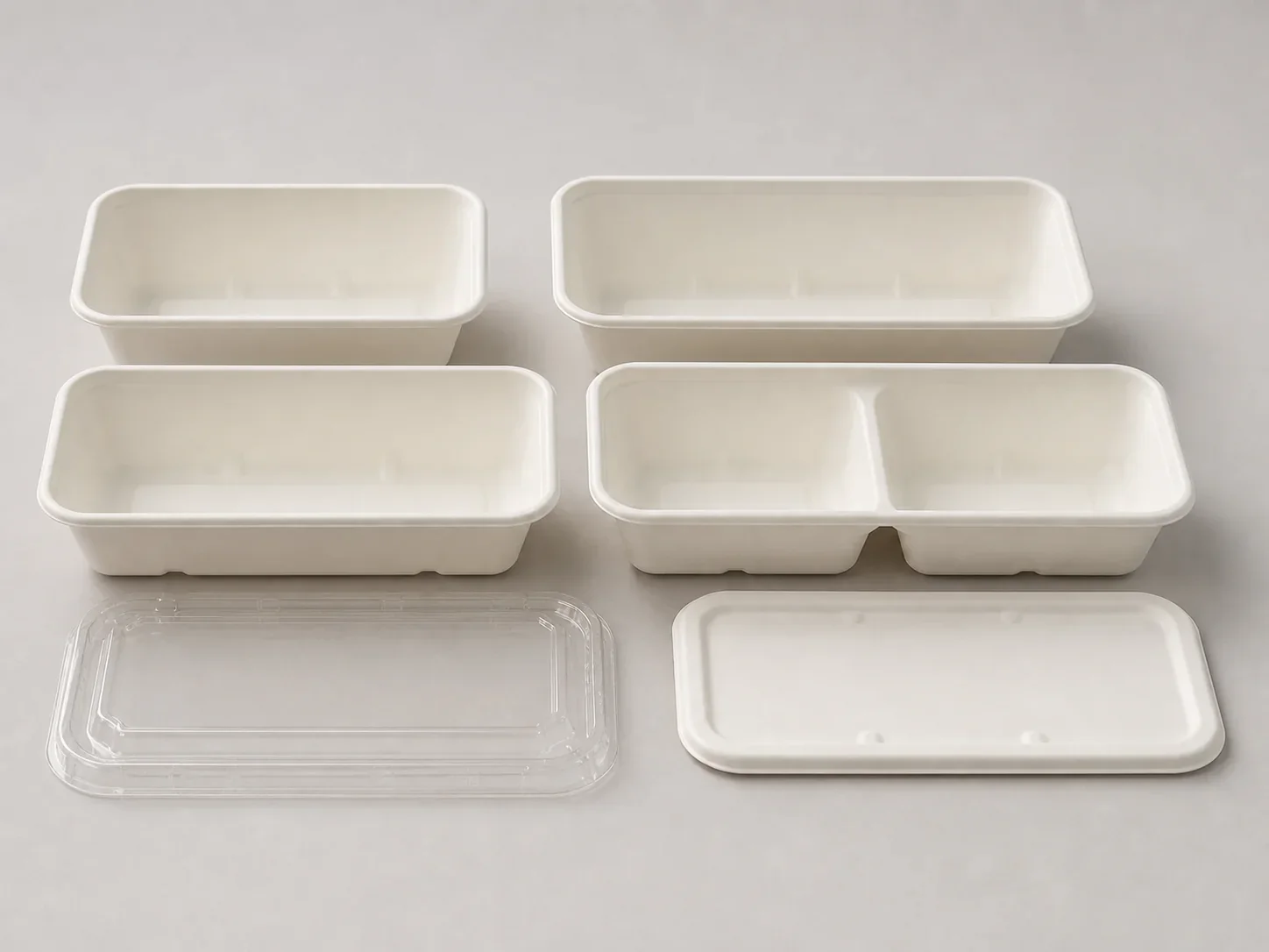 Slim meal prep bagasse container range with matching lids