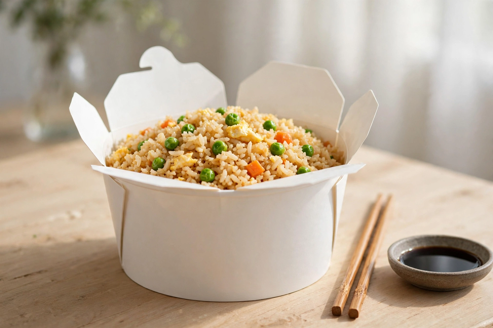 White paper noodle tub filled with fried rice