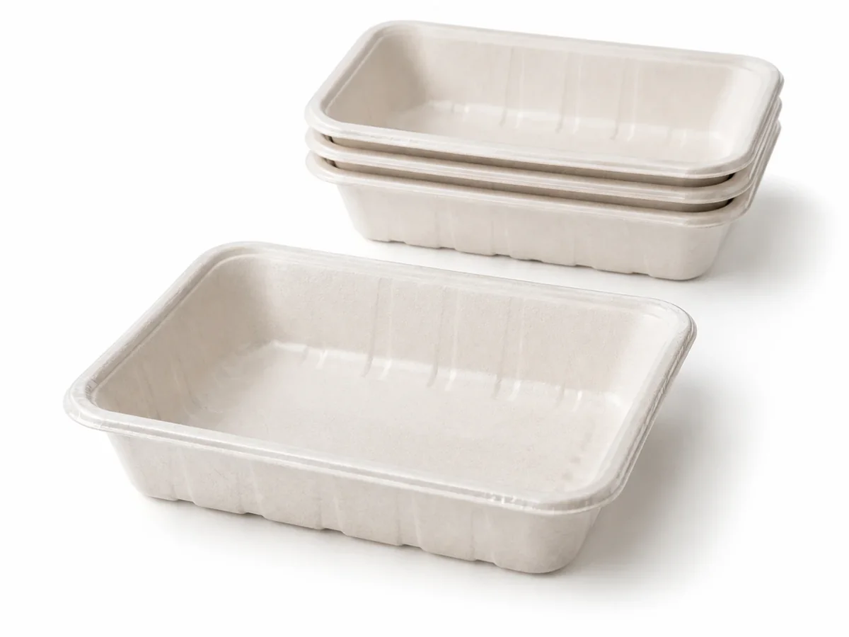Nested bagasse trays for packing-line fit review on white background
