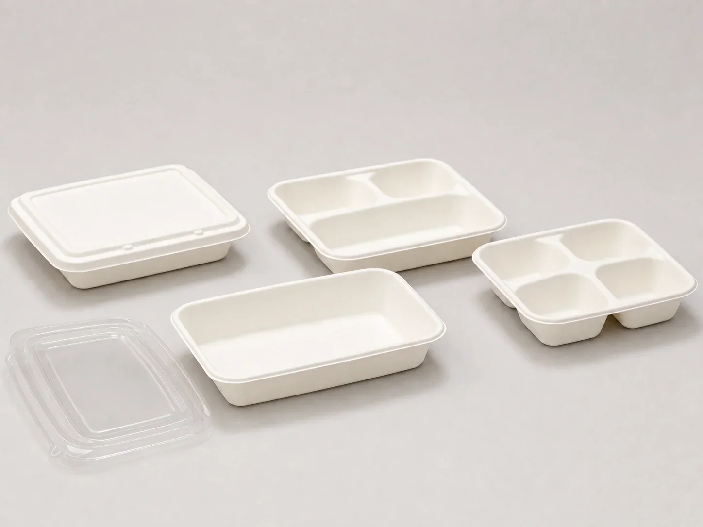 Large and divided bagasse meal containers with clear and pulp lids