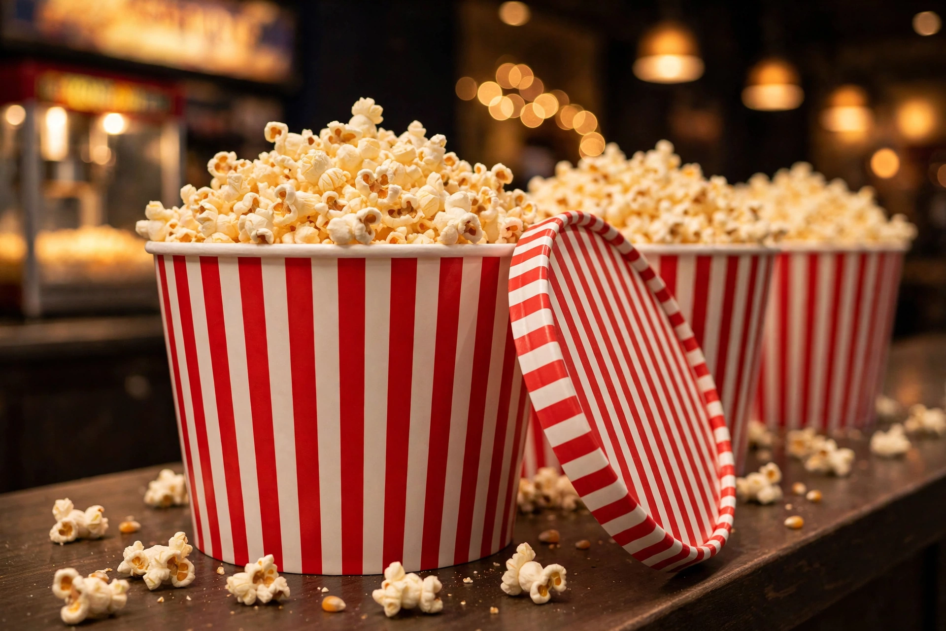 Striped paper popcorn buckets at a cinema concession stand