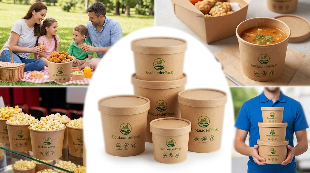 Paper food buckets in real use — picnic, cinema, soup and delivery