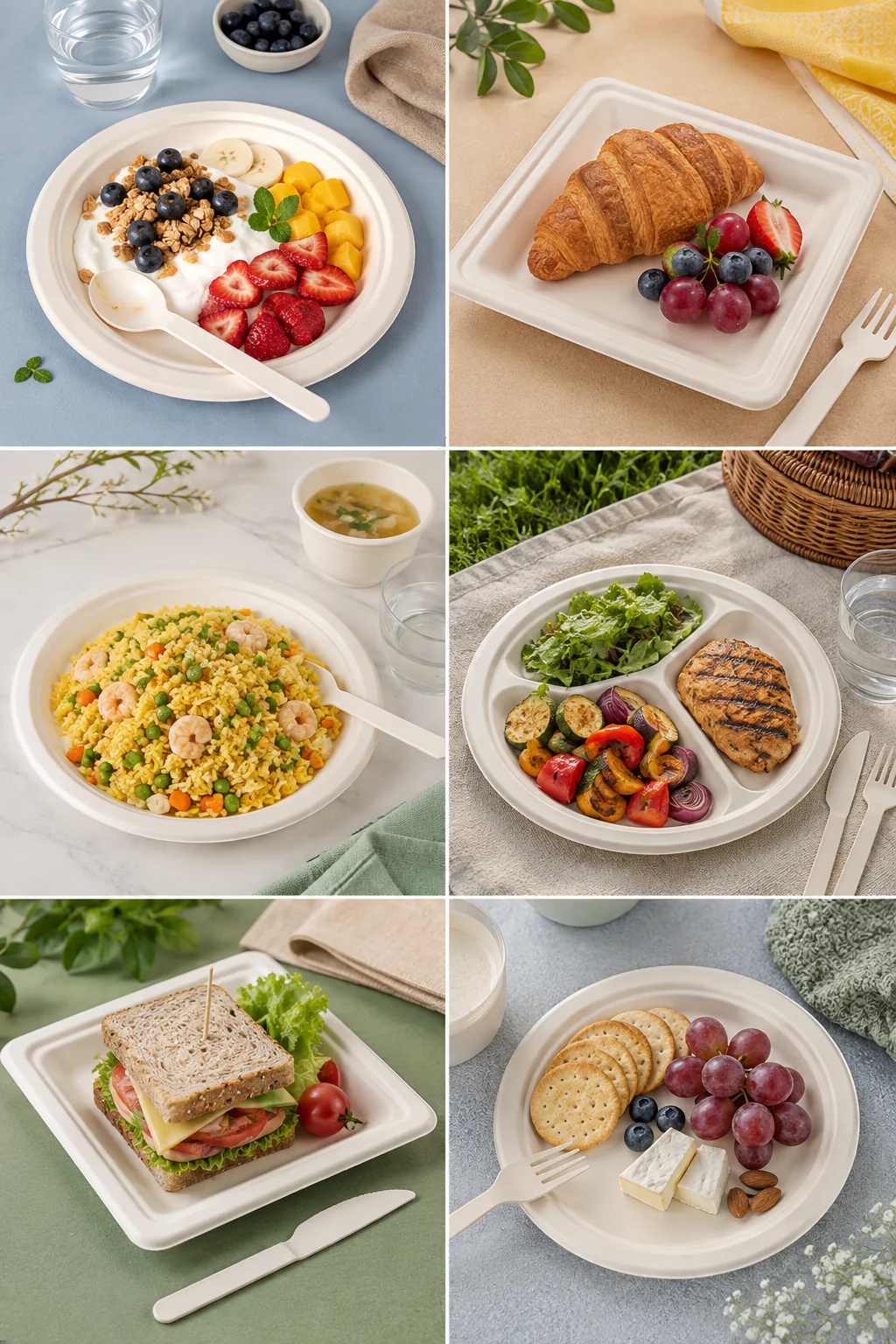 Bagasse plate formats showing round square oval and compartment options