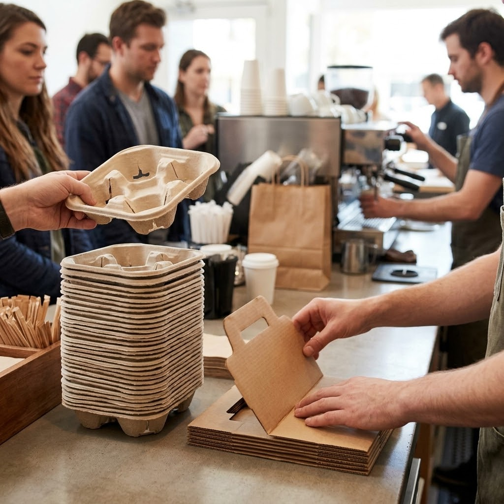 Nesting cup carriers ready for fast use at a busy counter