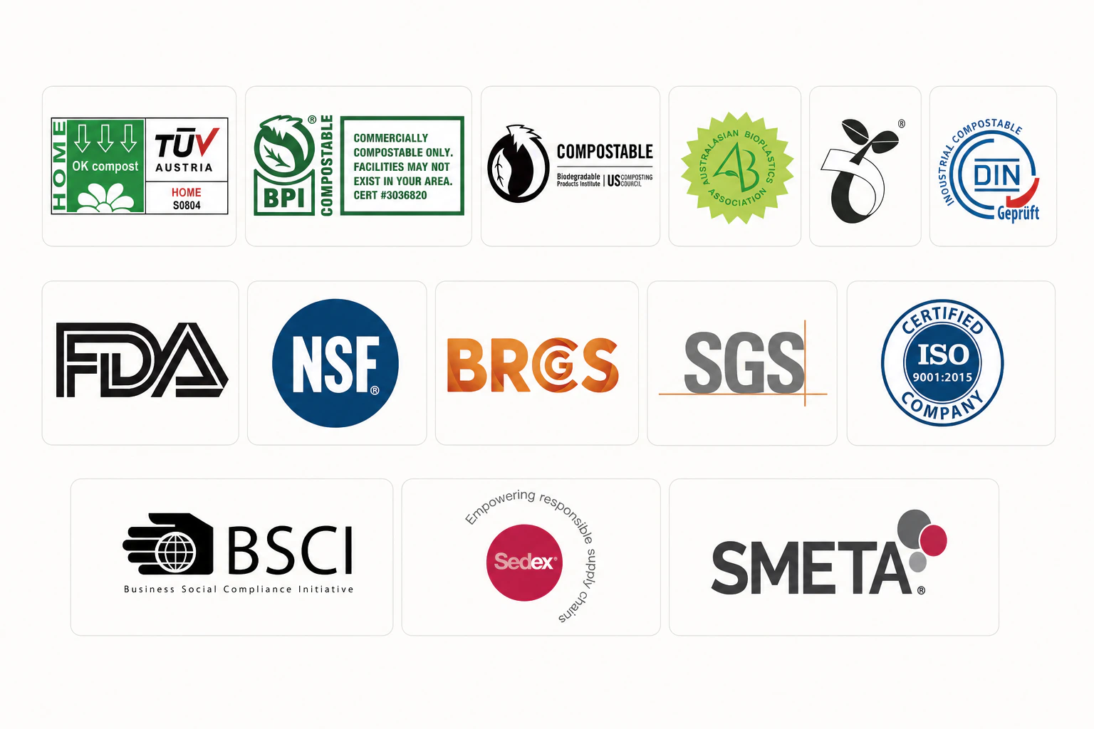 Certification and compliance logos referenced for EcoLeaderPack bagasse plate programs