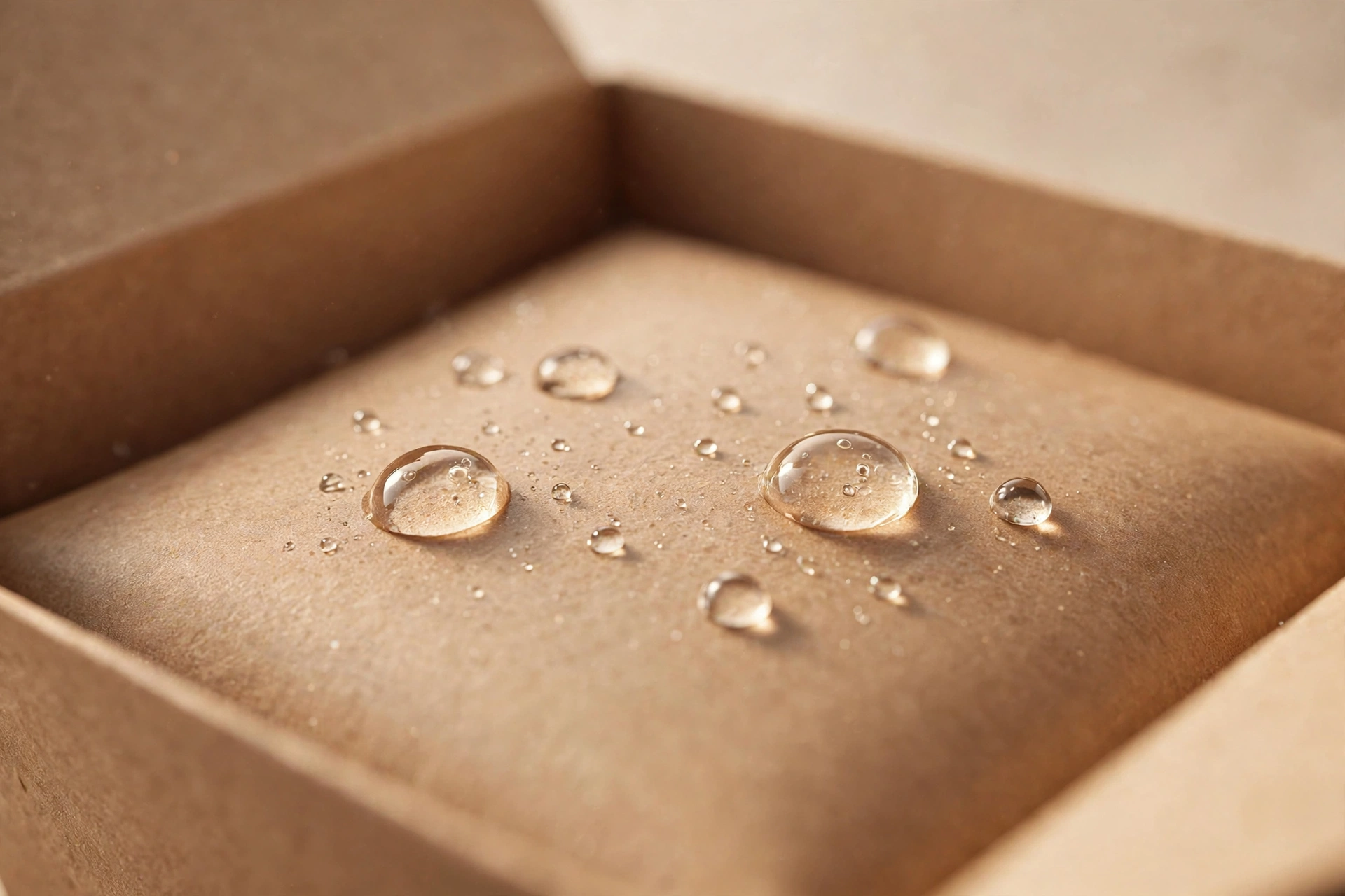 Water droplets beading on the coated inner surface of a kraft box