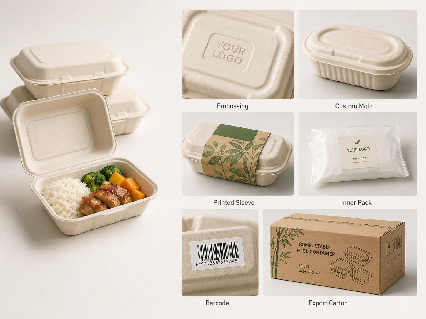 Bagasse food container embossing custom mold sleeve packing barcode and carton options