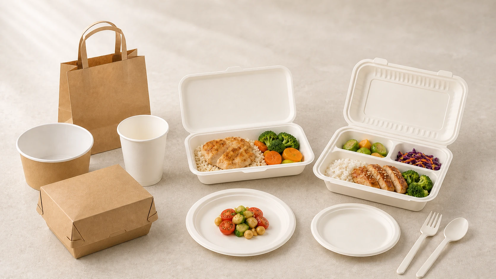 Paper drink and carry packaging, bagasse meal packaging and smooth cornstarch-based tableware compared in one foodservice scene