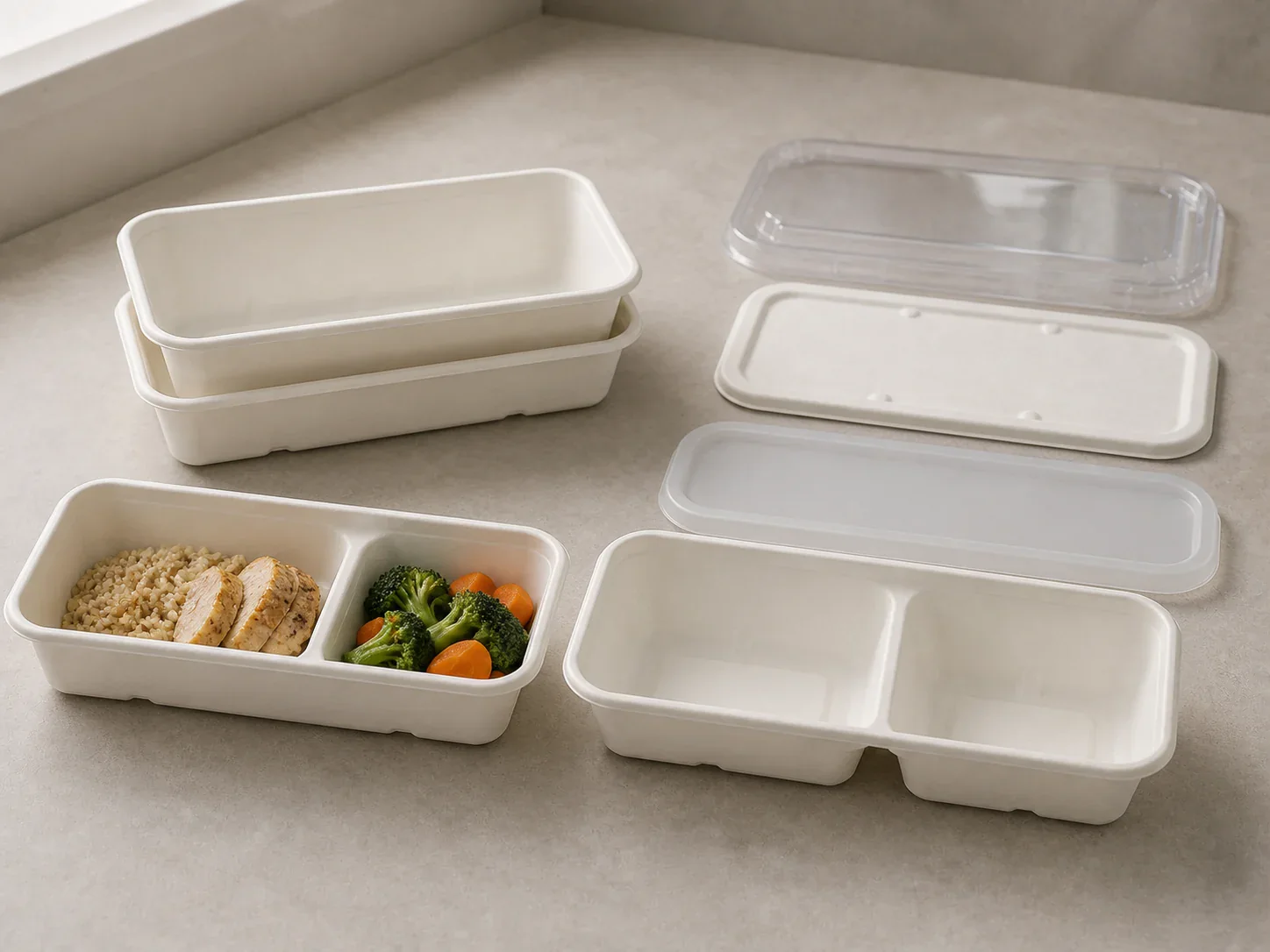 Slim bagasse meal prep containers with single and two compartment bases