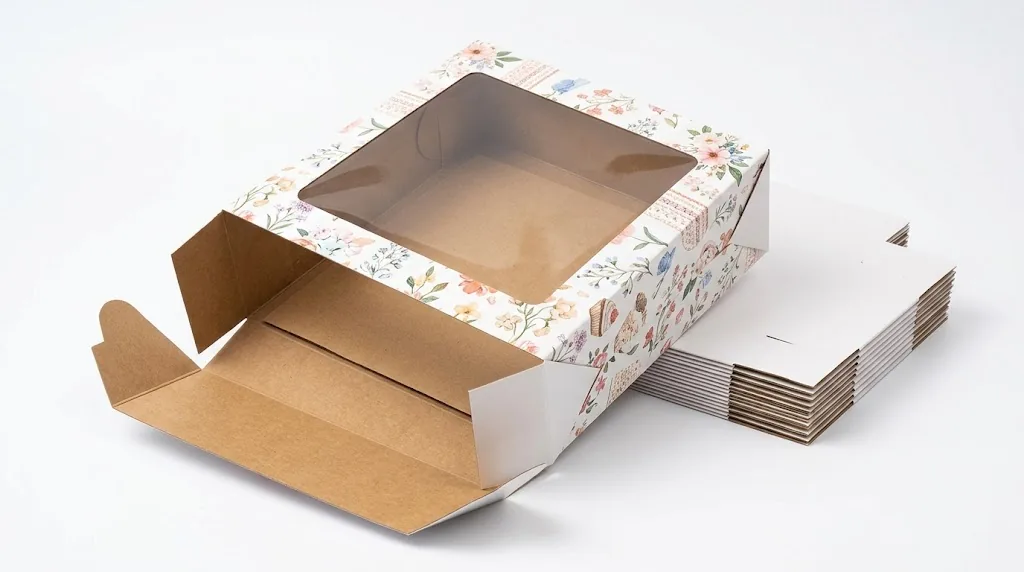 Floral printed cake box with clear top window and stack of flat-packed boxes