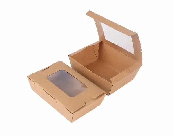 Open kraft paper takeout boxes for noodles, rice dishes and prepared meals