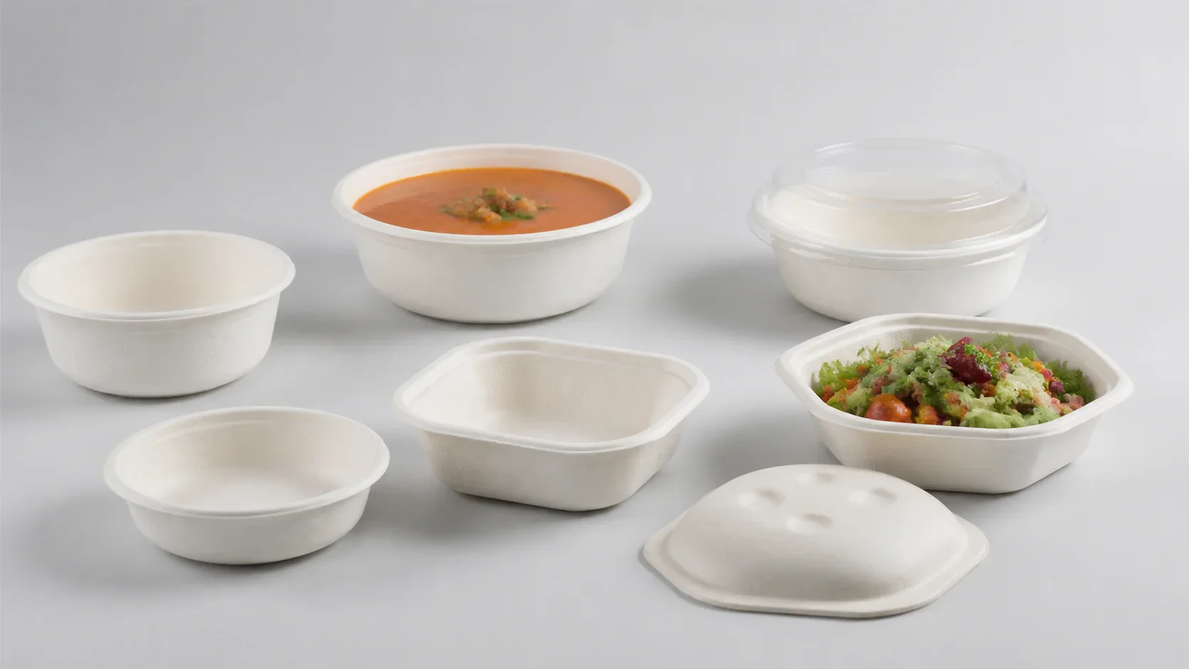 EcoLeaderPack sugarcane bagasse bowls with matching lids in multiple shapes and capacities