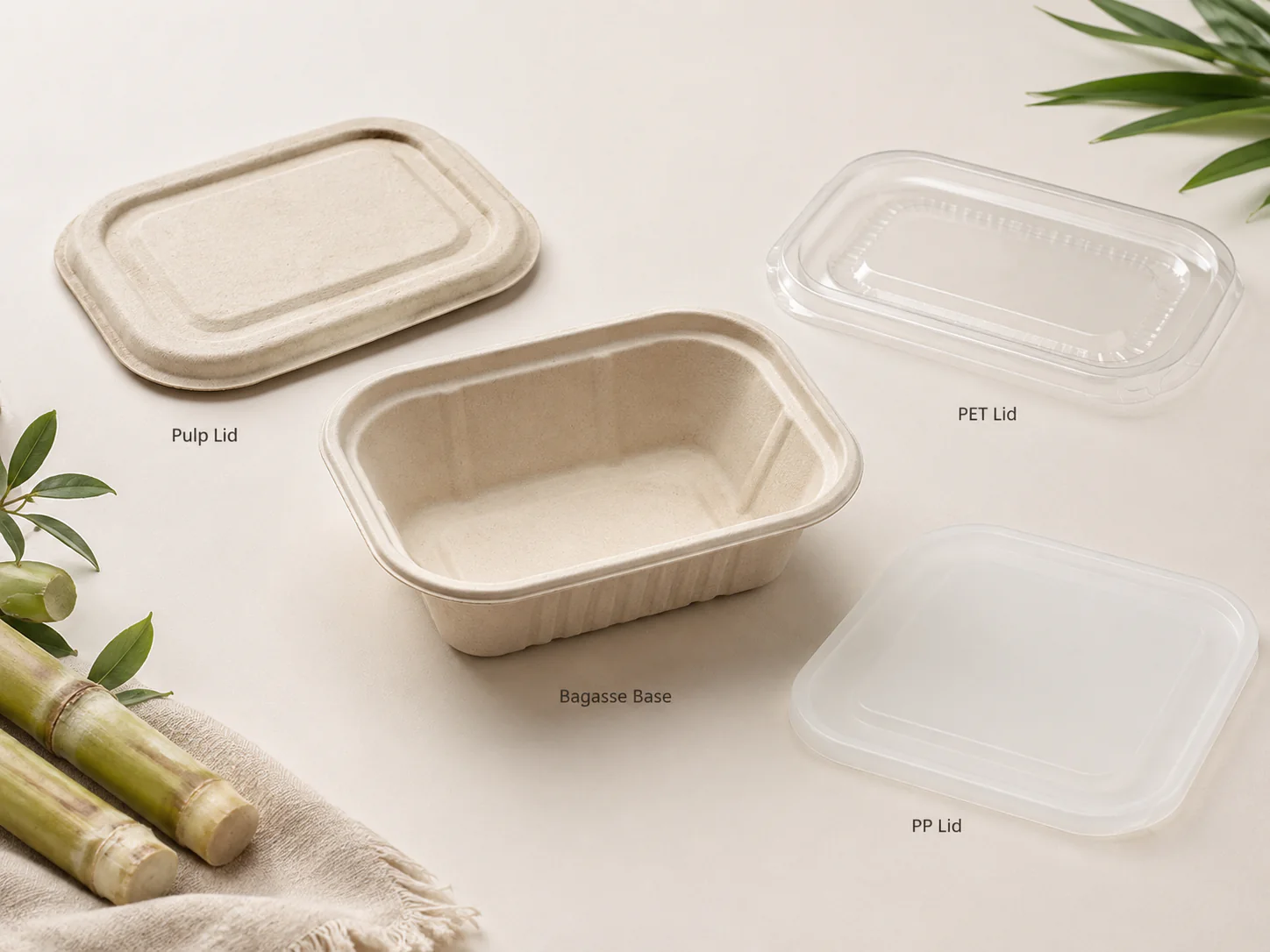 Bagasse base with molded pulp PET and PP lid options