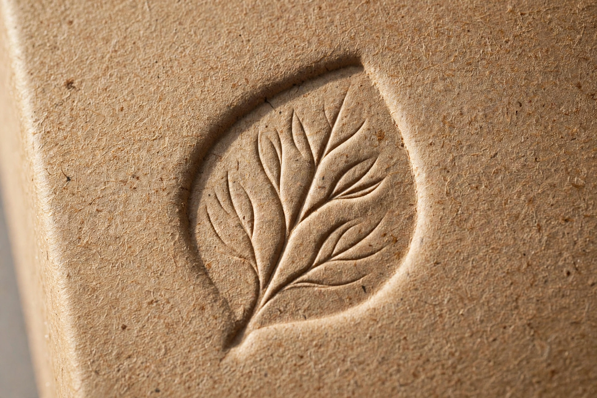 Close-up of embossed mark on kraft takeout box