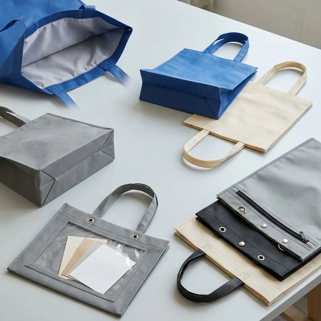Assorted custom non-woven bags with zipper, eyelets and clear window pocket options