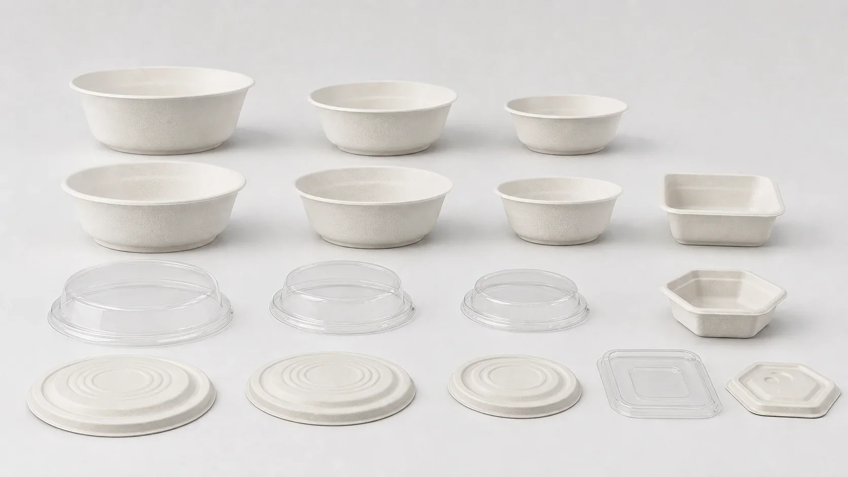 Bagasse bowl rim depth lid and insert configuration lineup