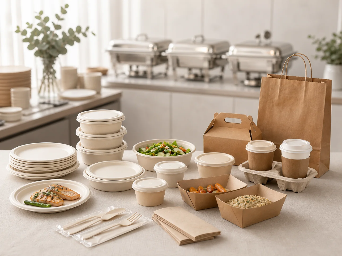 Plates, bowls, food trays, cups and cutlery organized at a buffet service station