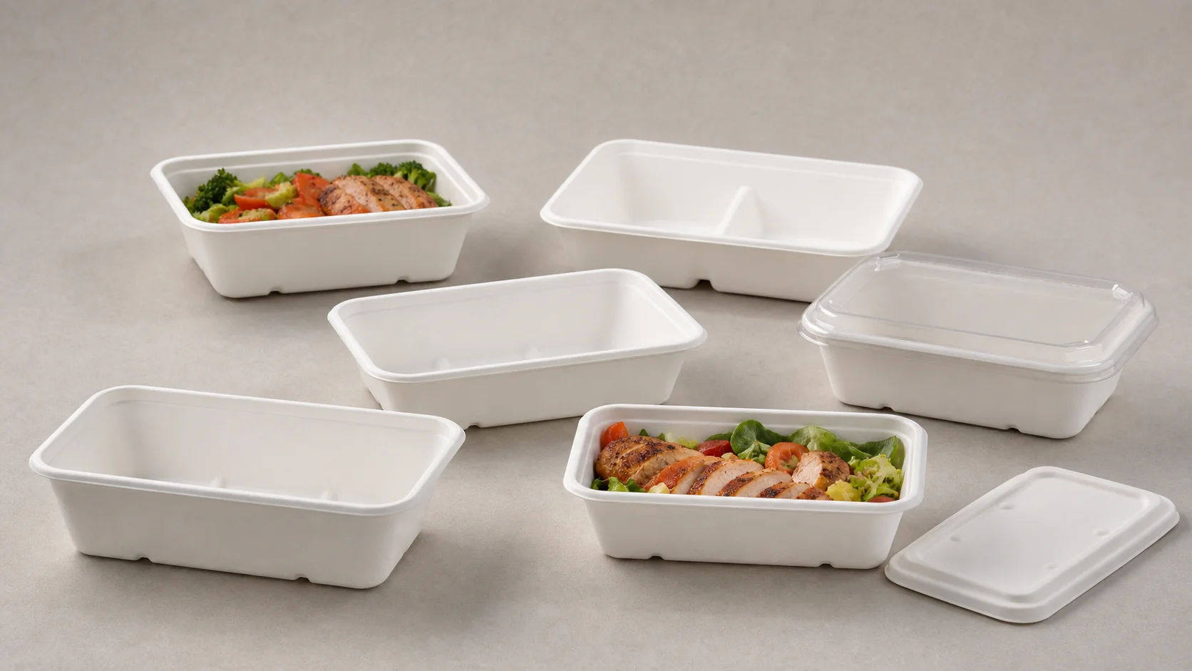 Bagasse food container bases and matching lid formats for catered and individually packed meals