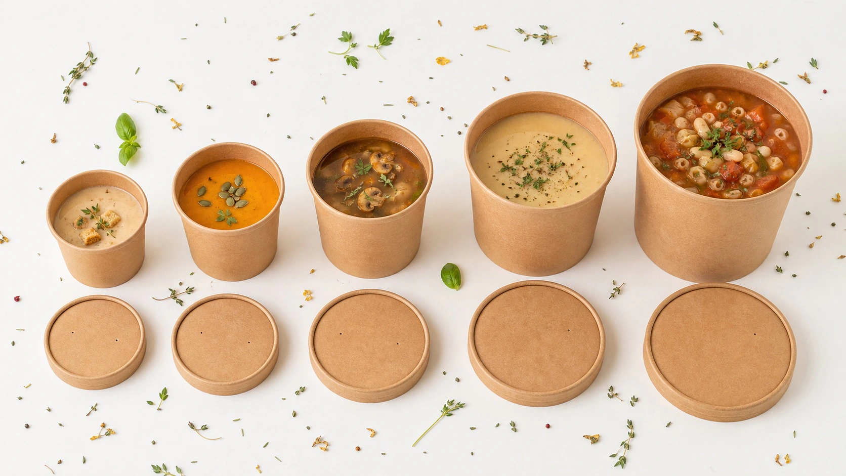 Paper soup bowl range with foodservice sizes and lid options for catering