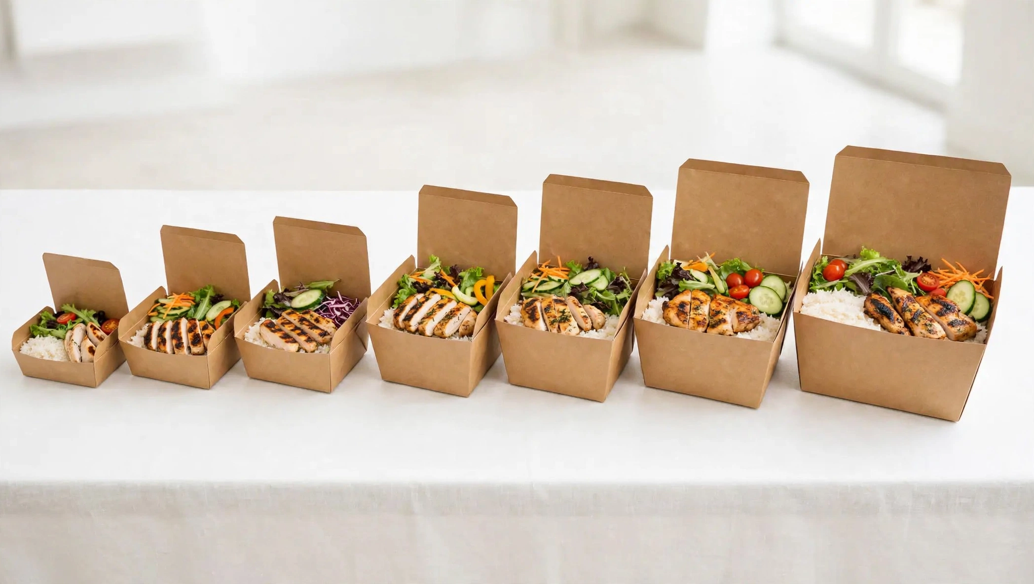 Row of kraft boxed lunches for event catering