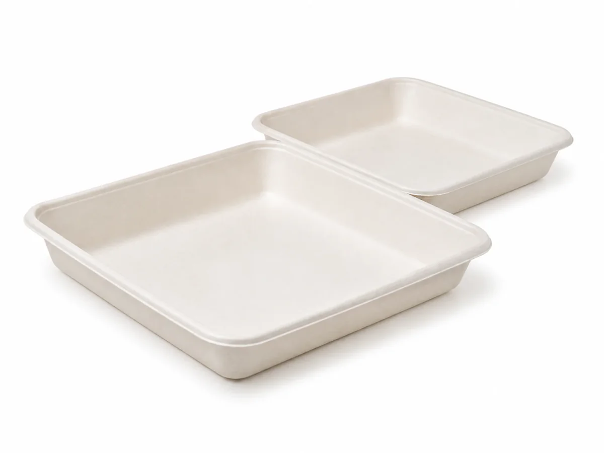 Large square bagasse food trays on white background