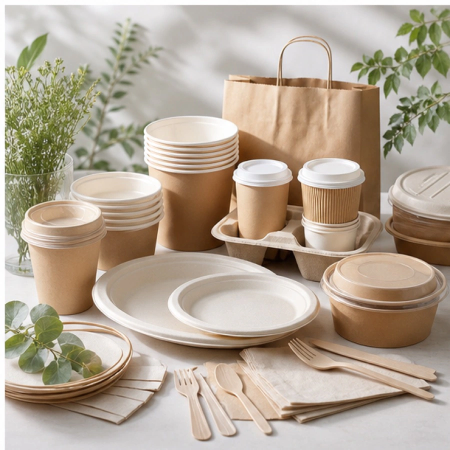 Coordinated food containers, cups, bowls, bags and cutlery for a complete takeaway order