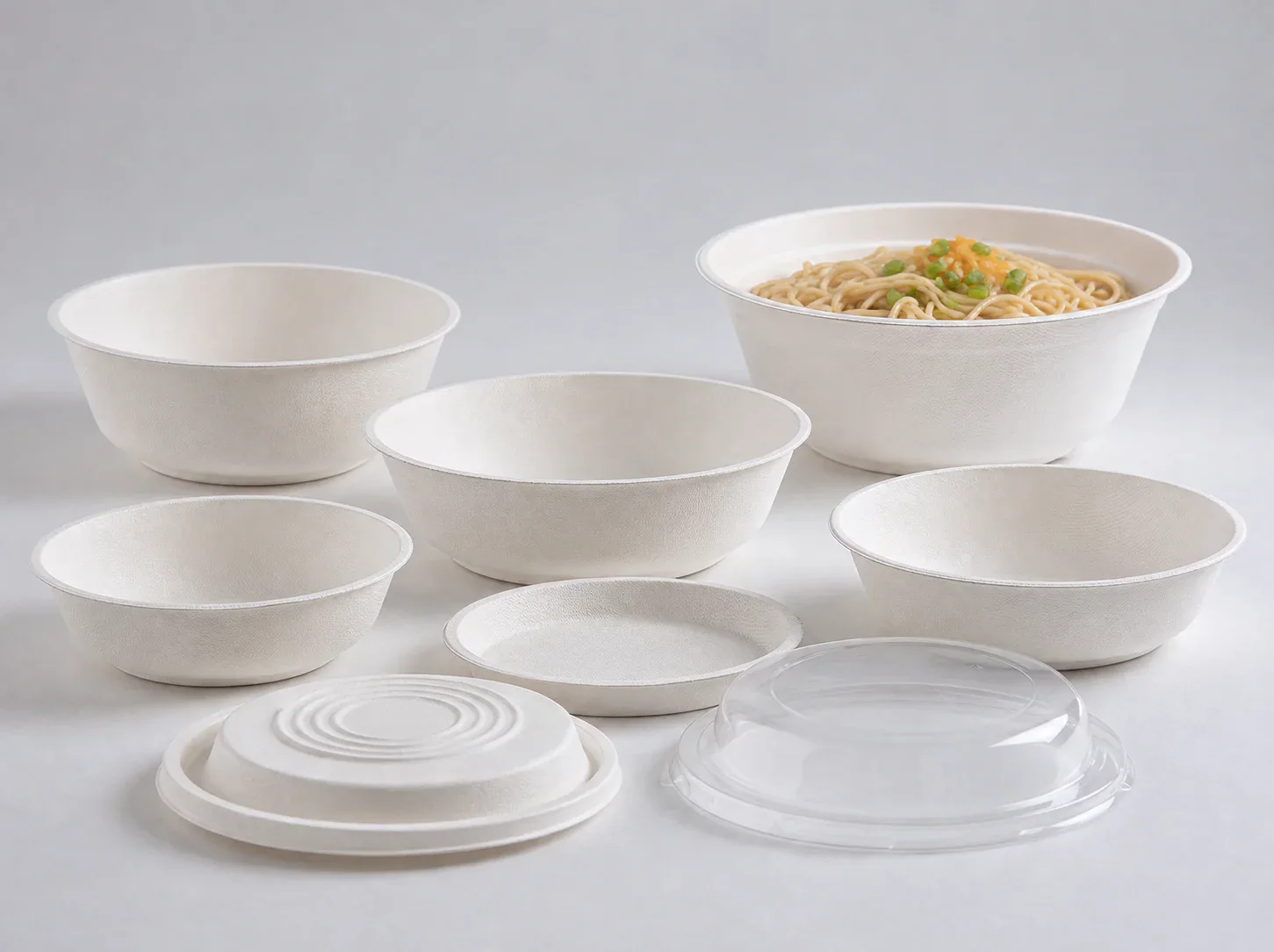 Deep bagasse soup and noodle bowls with coordinated lids