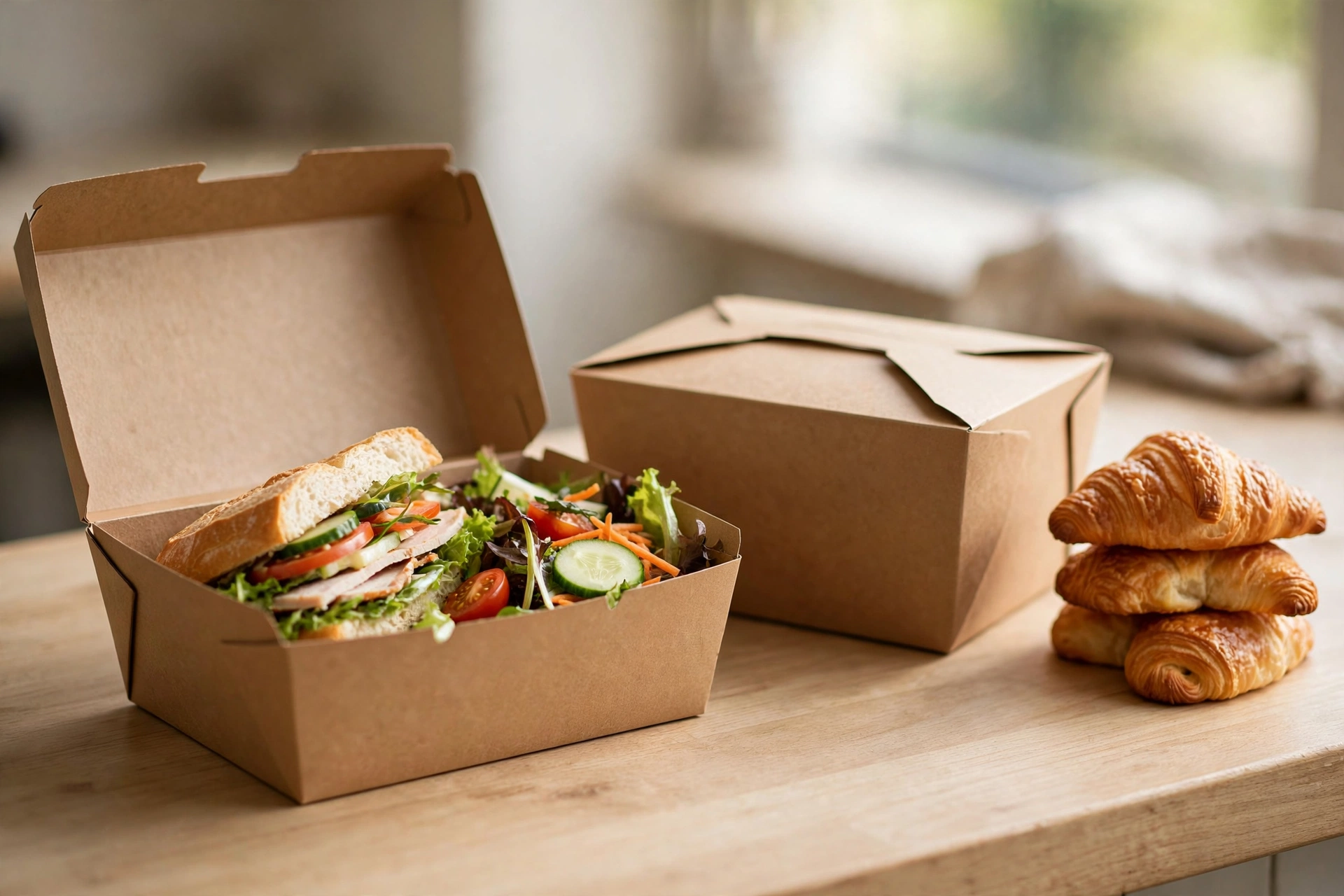 Kraft deli boxes with sandwich, salad and croissants on a cafe counter