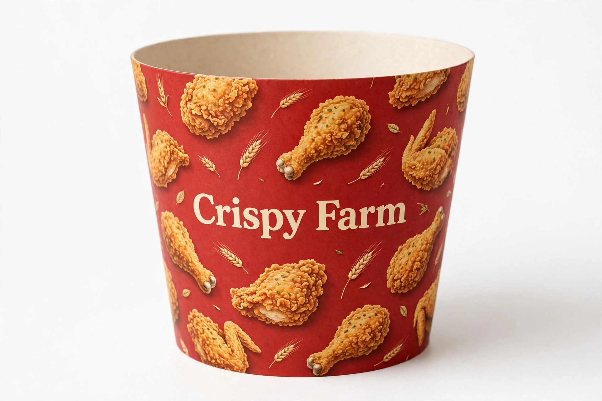 Printed paper fried chicken bucket, fictional brand Crispy Farm