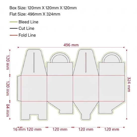 Gable handle cake box dieline with fold and cut lines