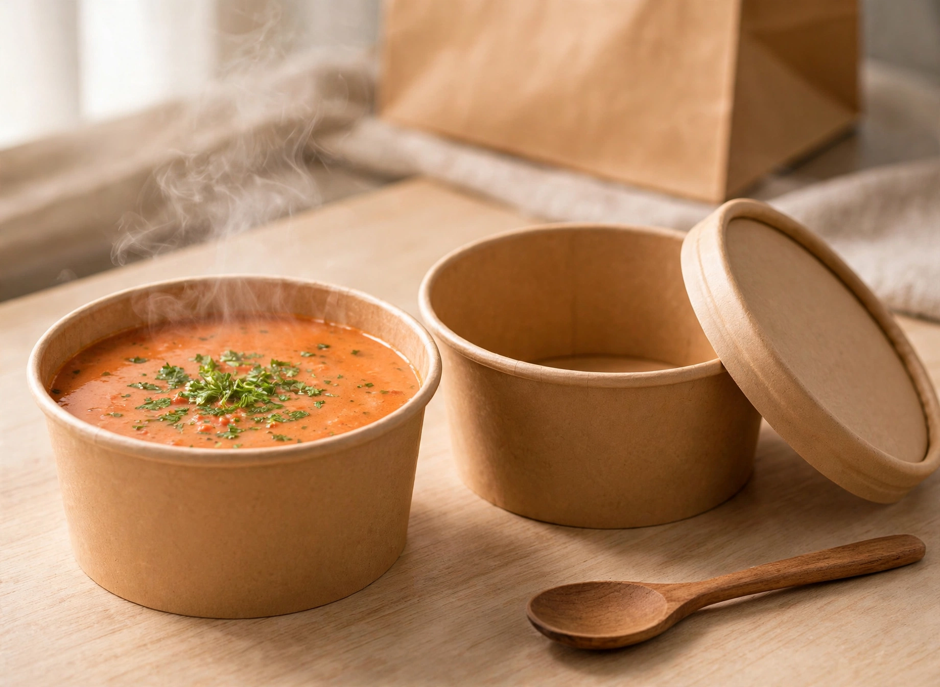 Kraft soup bowls with matching lids for hot soup delivery orders