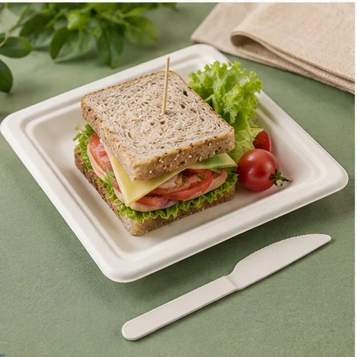 Square bagasse plate serving a sandwich for takeaway or catering
