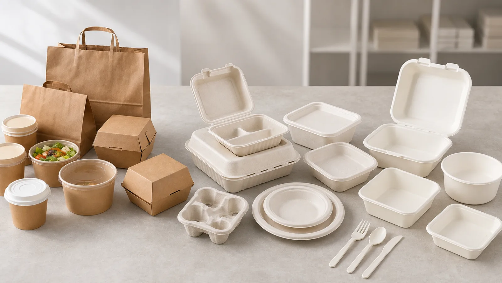 Side-by-side paper, sugarcane bagasse and cornstarch-based packaging formats for delivery