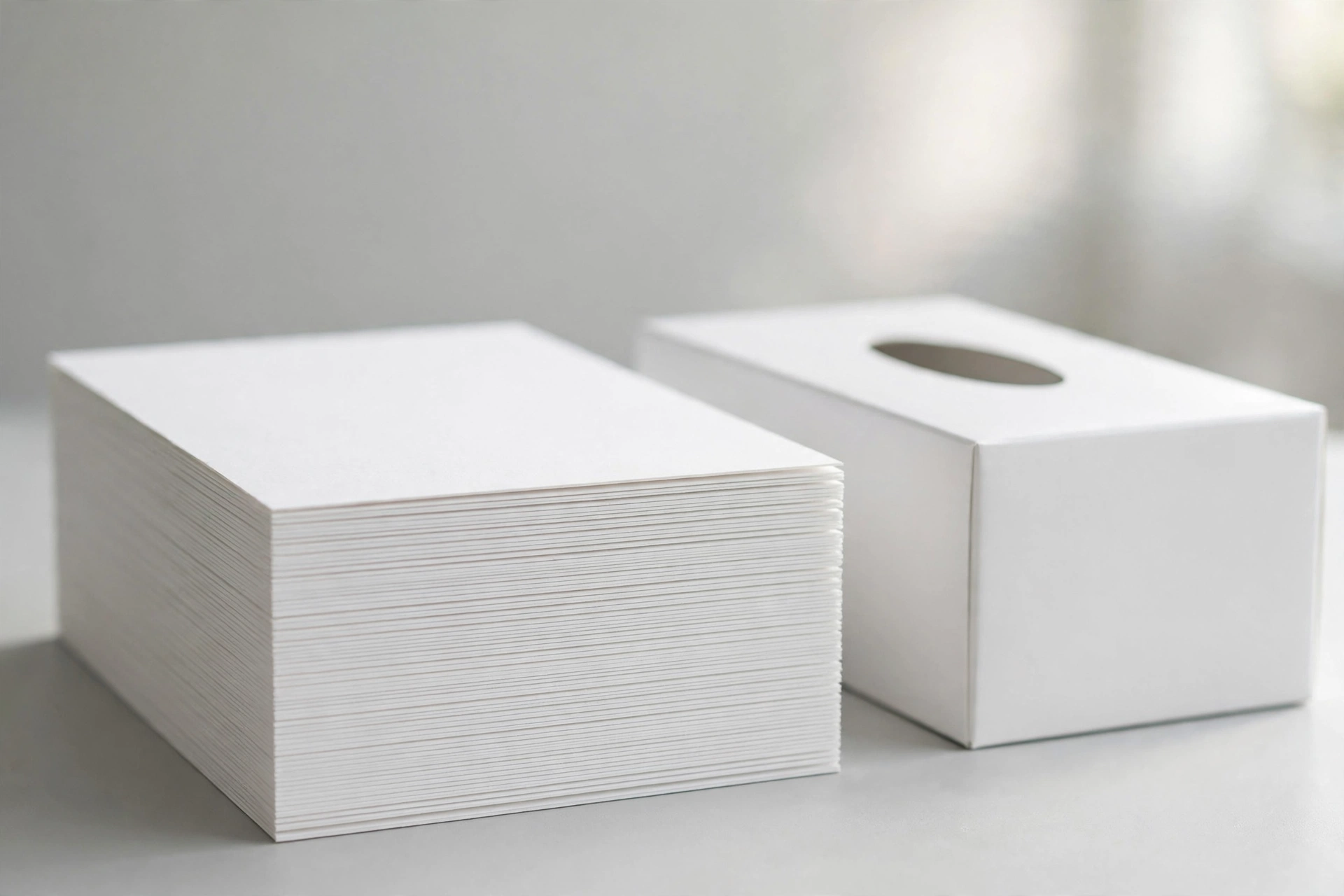 Stack of white cardboard sheets next to a plain white tissue box