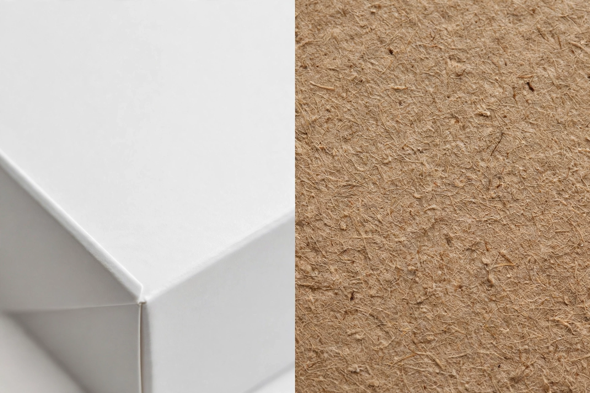 Close-up comparison of white cardboard and kraft paper textures