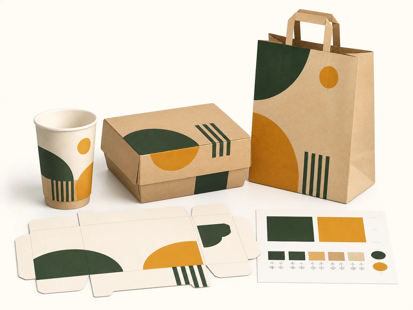 Artwork applied across cups boxes and paper bags