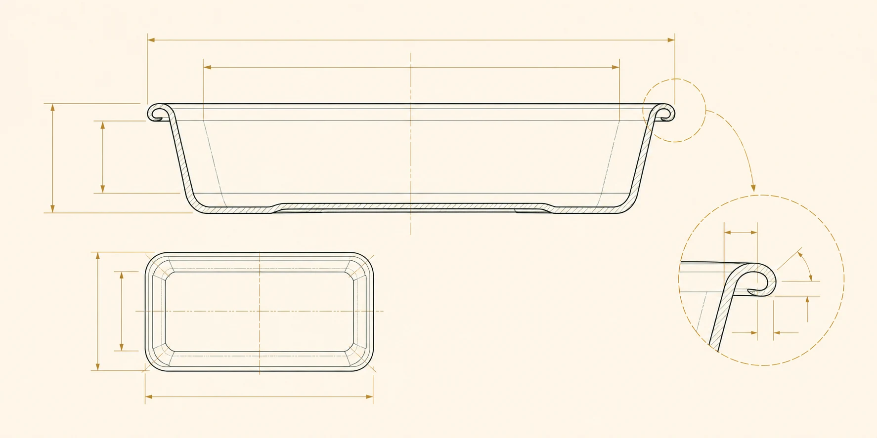 Dibujo conceptual de sección, vista superior y detalle del borde de una bandeja alimentaria rectangular poco profunda